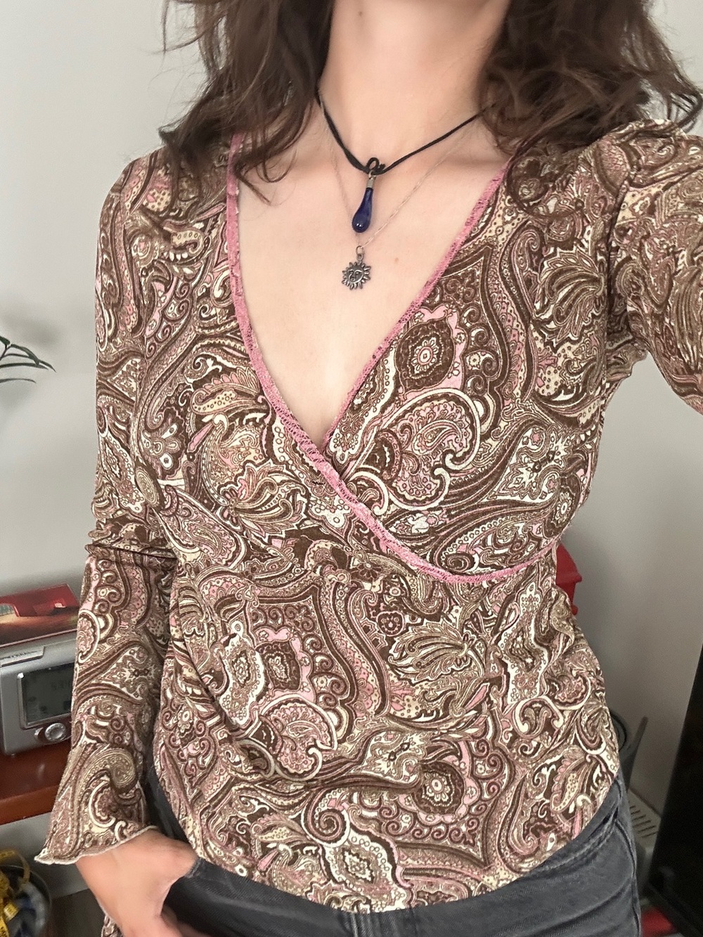 90s Pink and Brown Paisley Wrap Top